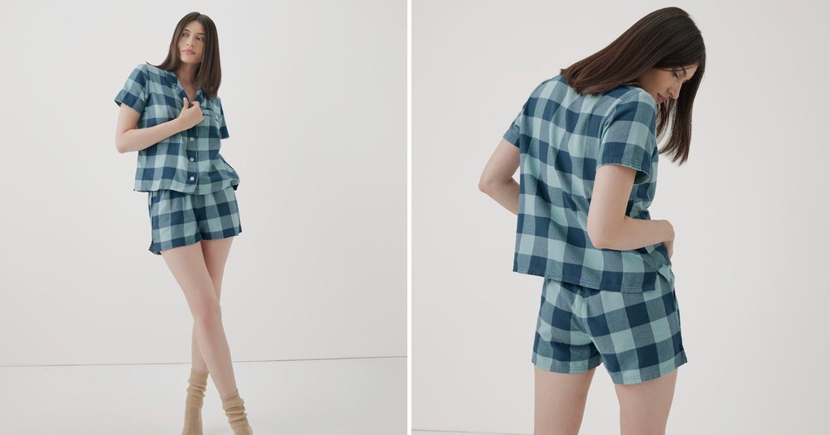 Two shots of a woman in a blue flannel pajama set