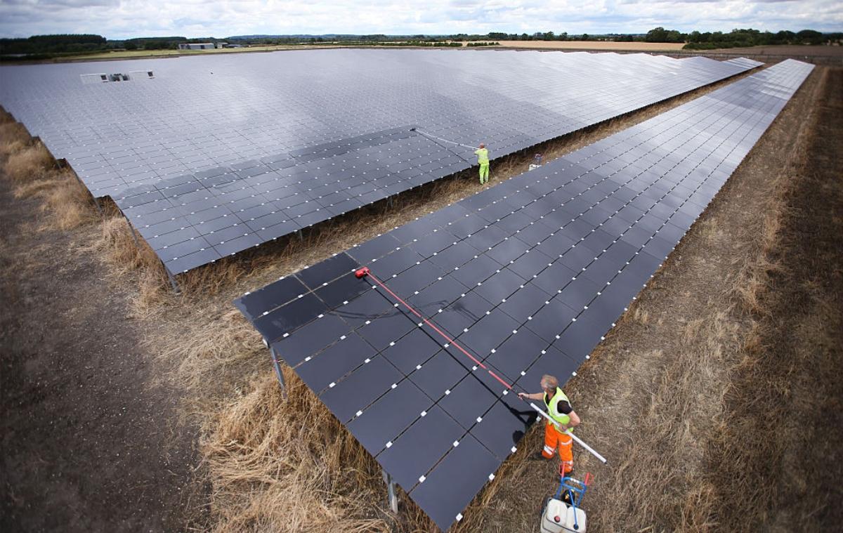 Professionals clean large solar panels in a field