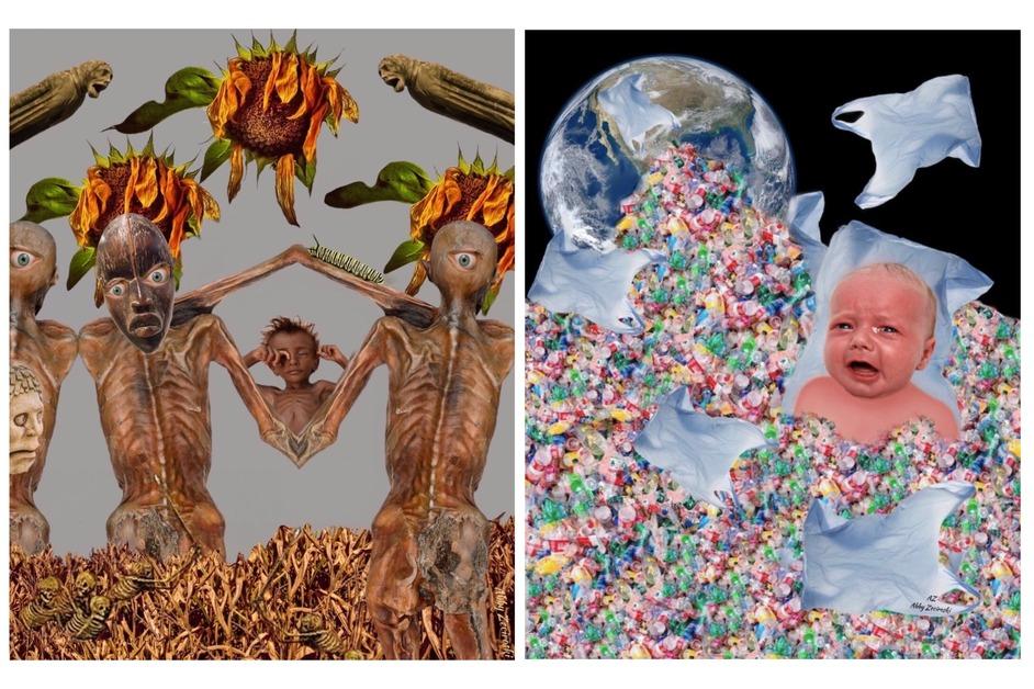 Abby Moon Zeciroski's multidisciplinary art pieces depicting famine (left) and plastic pollution, made for Earth Day 2023. 