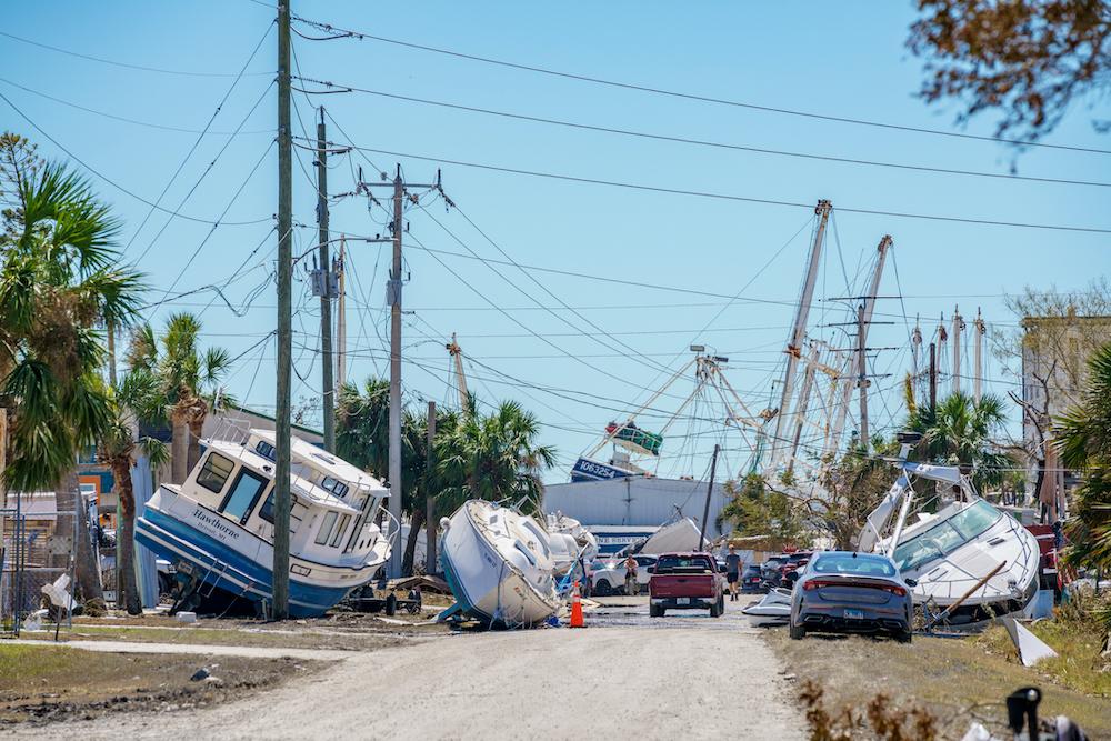 Aftermath of a hurricane in Florida, with boats destroyed