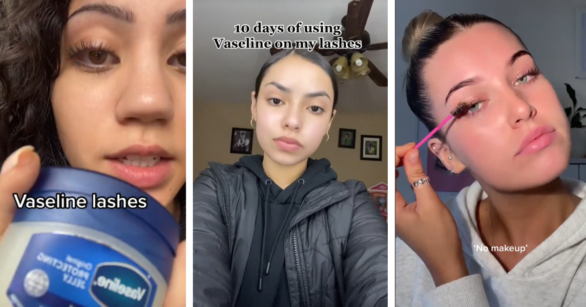 Women swear applying Vaseline to their eyelashes helps them grow in three TikTok screenshots