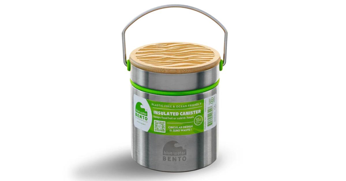 stainless steel canister with bamboo lid and green silicone seal