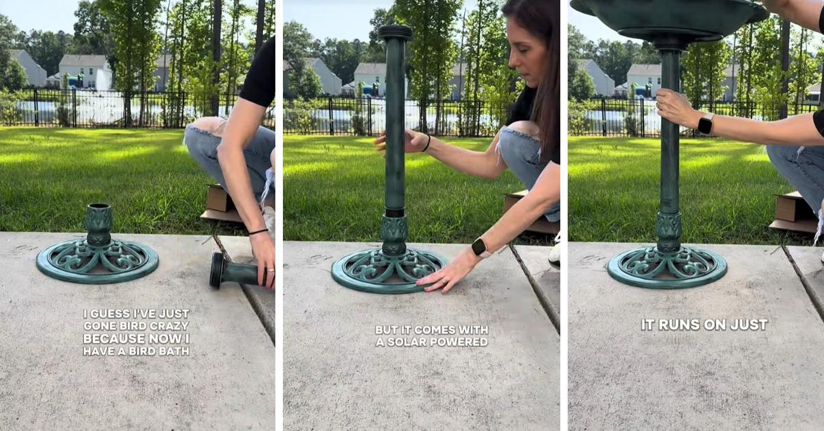 A woman builds a birdbath