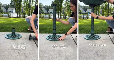 A woman builds a birdbath
