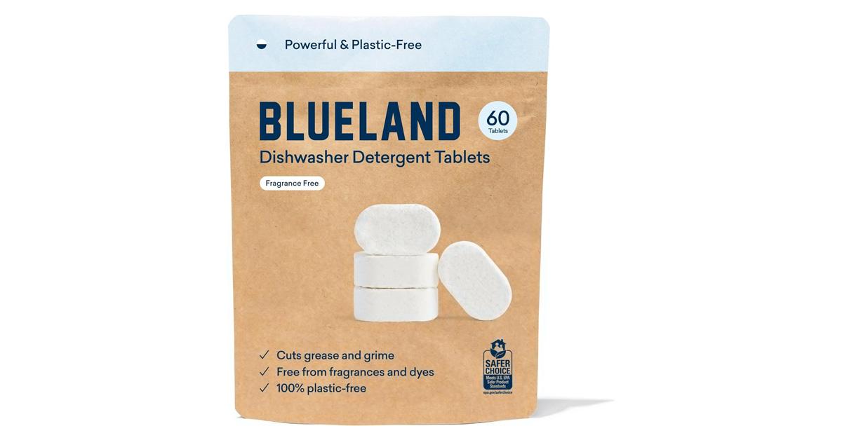 Blueland Dishwasher Detergent Tablets in a brown bag on white background.