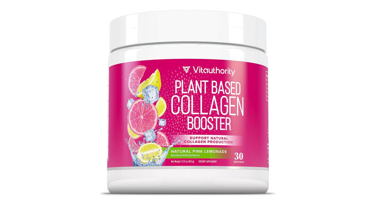 Plant Based Collagen Booster Powerful Antioxidant With Spectra in a pink and white tub.