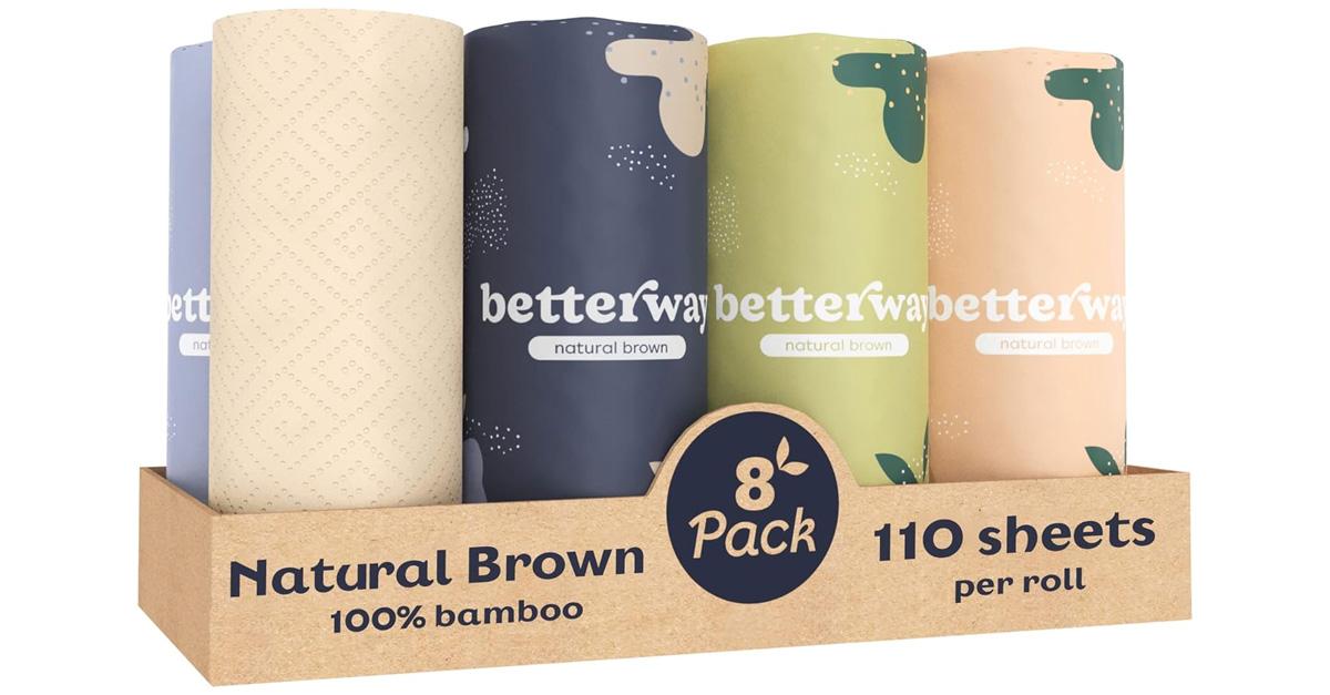 Bamboo paper towels in colorful paper packaging inside a cardboard holder