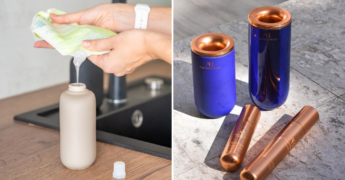 Photo of a woman's hands filling an opaque bottle with product from a refill pouch beside a photo of skincare brand Augustinus Bader's refill packaging system