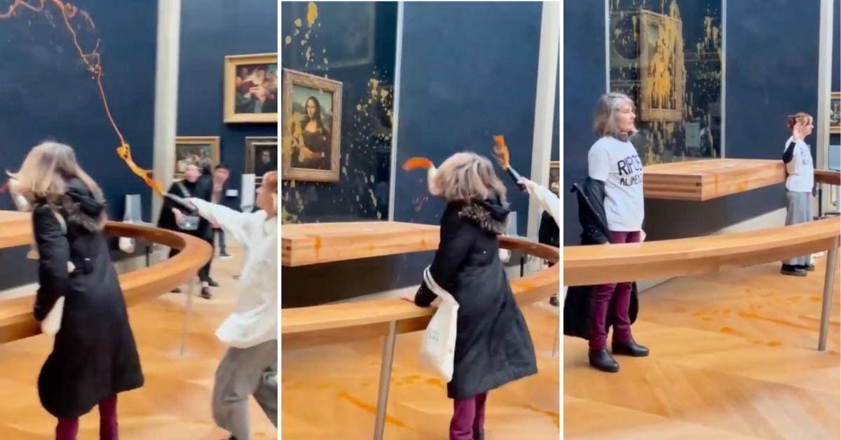 Screenshots from a video of protesters throwing soup on the Mona Lisa.