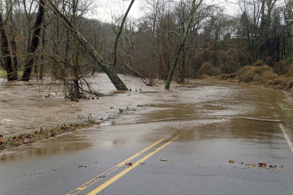 A road in the woods starting to flood as water pours from the shoulder. 