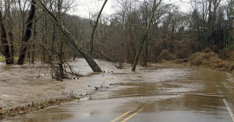 A road in the woods starting to flood as water pours from the shoulder.