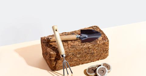 A hand-held garden shovel and rake resting on a coconut coir brick with round fiber briquettes.