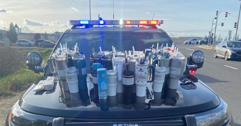 Part of the Stanley cups found after police arrested a woman for stealing the Stanley cups.