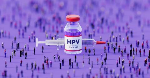 Human crowd surrounding an injectable HPV vaccine bottle on purple background (Representative Cover Image Source: Getty Images | MicroStockHub)