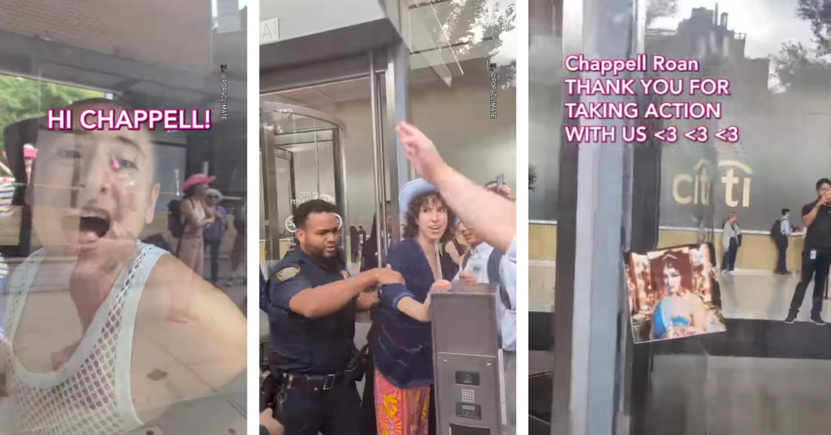 Feminists crowd the front of Citibank to protest fossil fuels, using Chappell Roan as inspiration