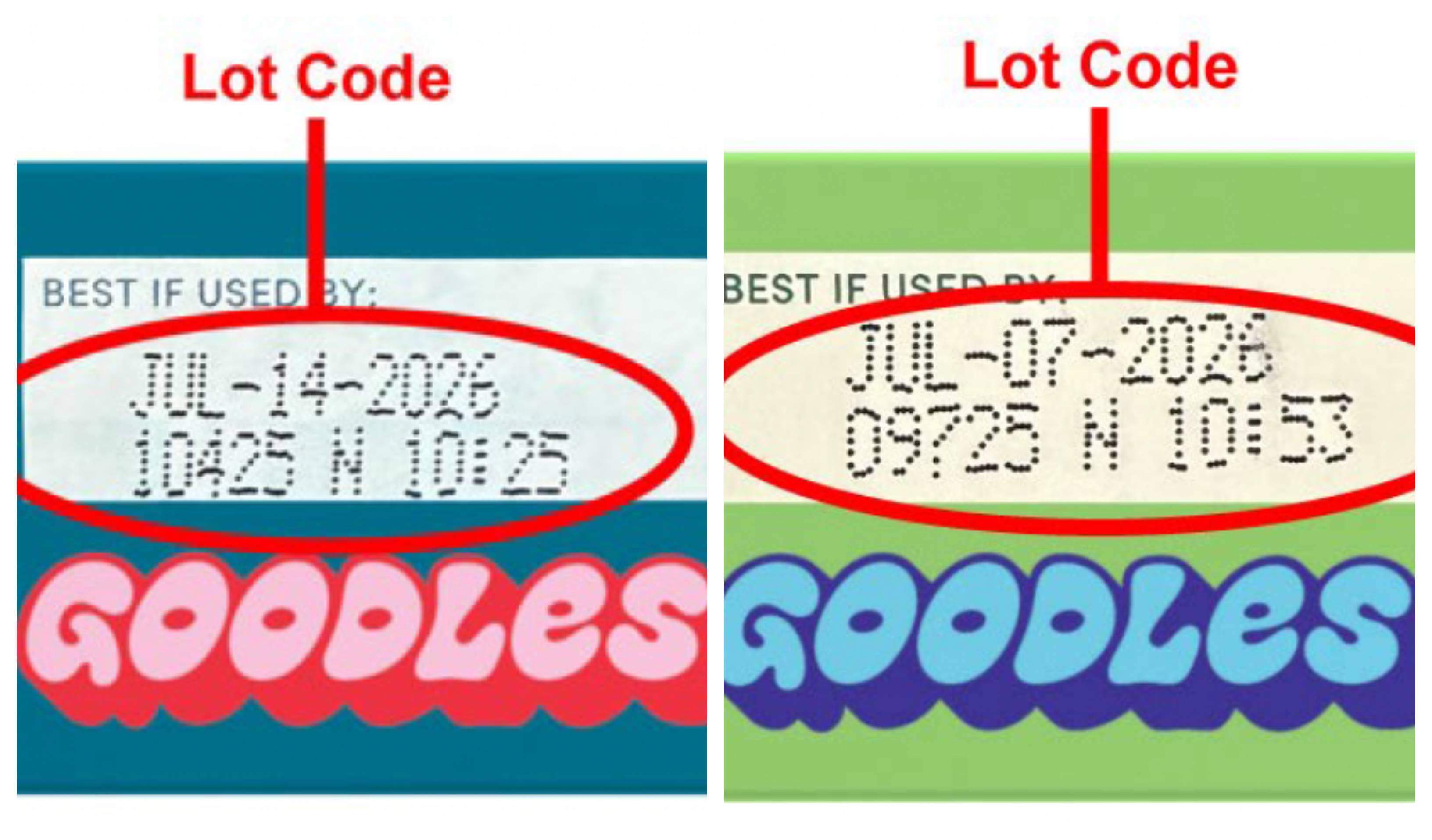 Two vegan mac and cheese boxes with lot codes circled in red are pictured.