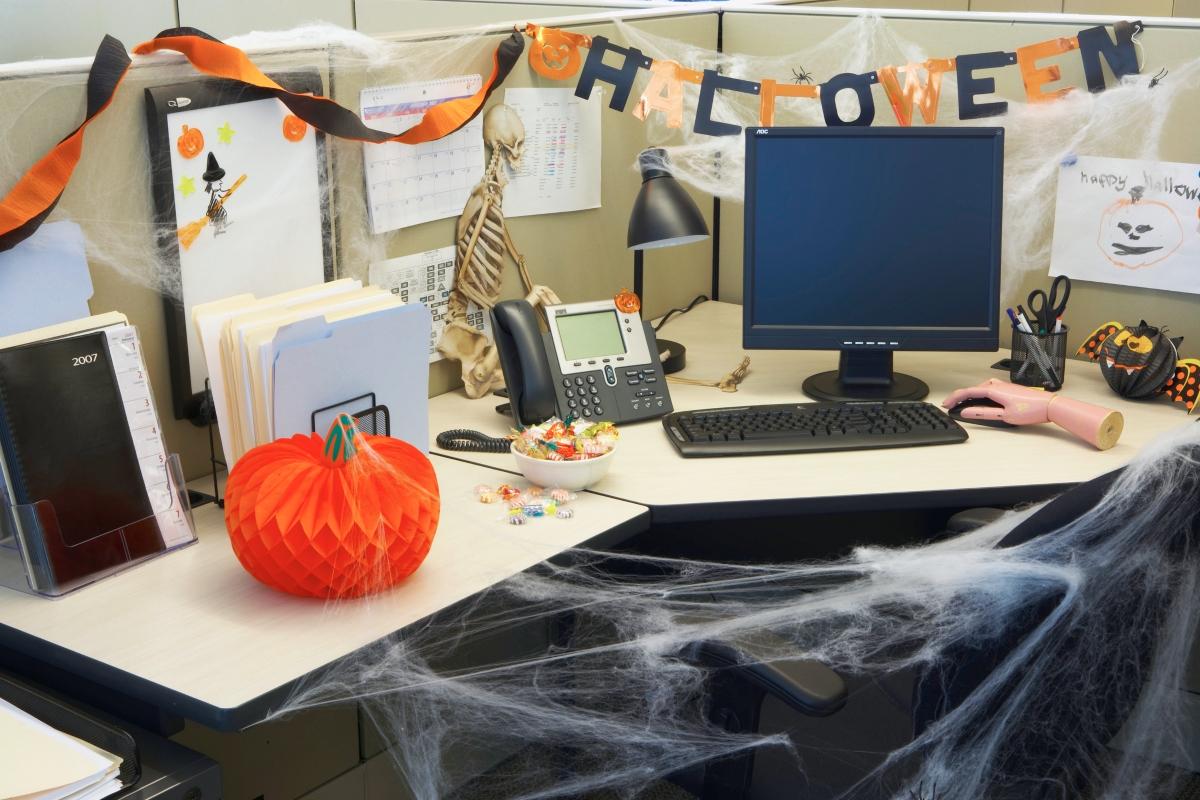 Halloween decorations in an office cubicle