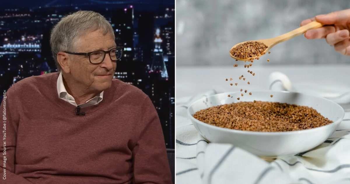 (L) Bill Gates smiling on the Jimmy Kimmel Live show. (Cover Image Source: (L) YouTube | @fallontonight) | (R) Person scooping out a spoonful of millet grains from a bowl (Representative Cover Image Source: Unsplash | Milhair)