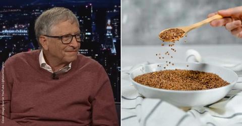 (L) Bill Gates smiling on the Jimmy Kimmel Live show. (Cover Image Source: (L) YouTube | @fallontonight) | (R) Person scooping out a spoonful of millet grains from a bowl (Representative Cover Image Source: Unsplash | Milhair)