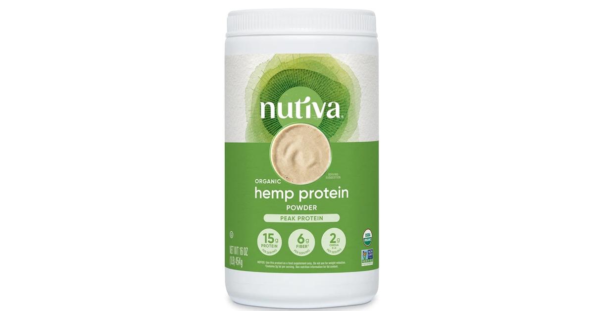 Nutiva Organic Hemp Protein Powder in tub on white background