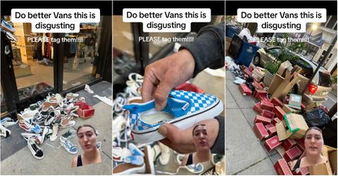 Three screenshots from Sophia Shiaroli's TikTok video titled "Do better Vans this is digusting,"featuring an array of Vans shoes thrown on the street.