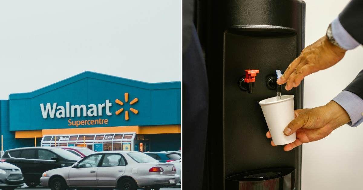 (L) An outside view of a Walmart store. (R) A person filling water in a cup from a water dispenser. (Representative Cover Image Source: Pexels | (L) Erik McLean, (R) RDNE Stock Project)