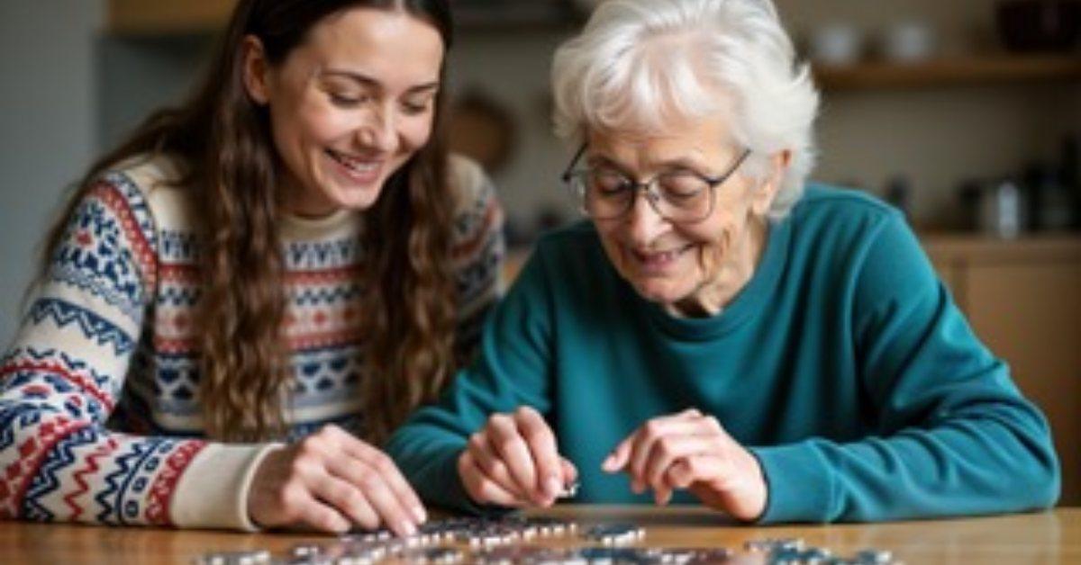 elderly woman and young woman completing a puzzle