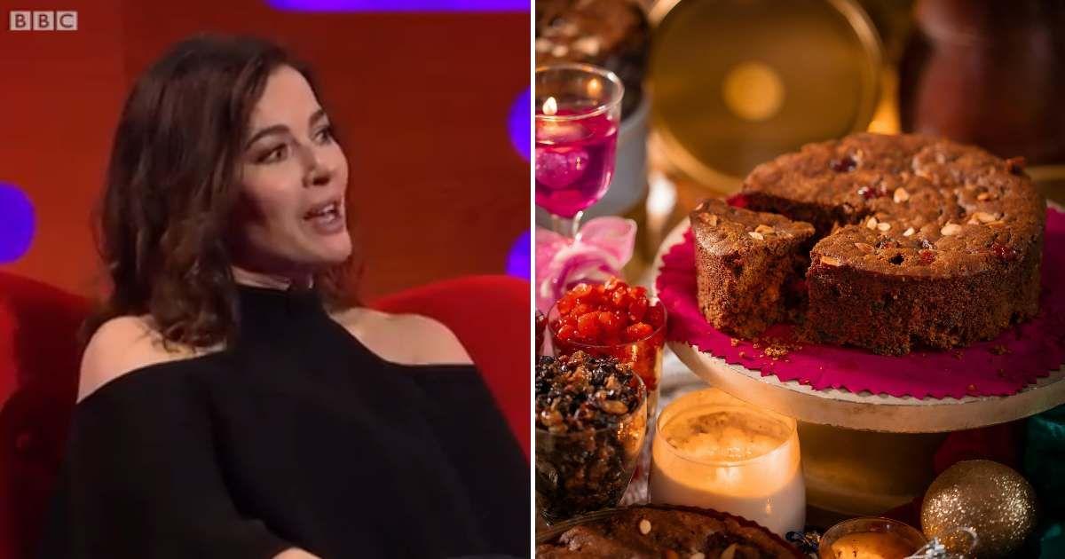 (L) Nigella Lawson at The Graham Norton Show in 2020 (Cover Image Source: YouTube | @BBC), (R) Christmas cake placed on a decorated dinner table. (Representative Cover Image Source: Pexels | Mathew Thomas)