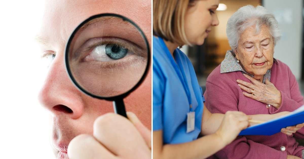 (L) Man holding a magnifying glass close to his eye. (R) Doctor explaining brain scan to an elderly patient. (Representative Image Source: Getty Images | (L) Knape, (R) Halfpoint Images)