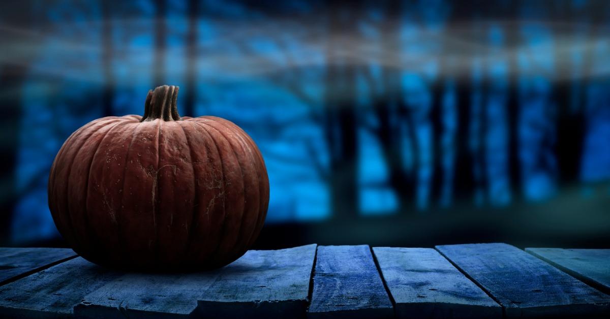 one spooky halloween pumpkin blank template on a wooden bench with a picture id