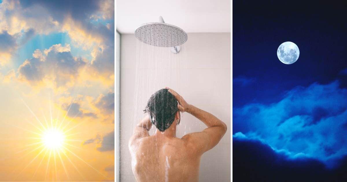 (L) Blue sky with the Sun. (M) Man showering in his bathroom. (R) Full moon illuminates the night sky. (Representative Cover Image Source: Getty Images | (L) Witthaya Prasongsin, (M) Maridav, (R) Charles O'Rear)