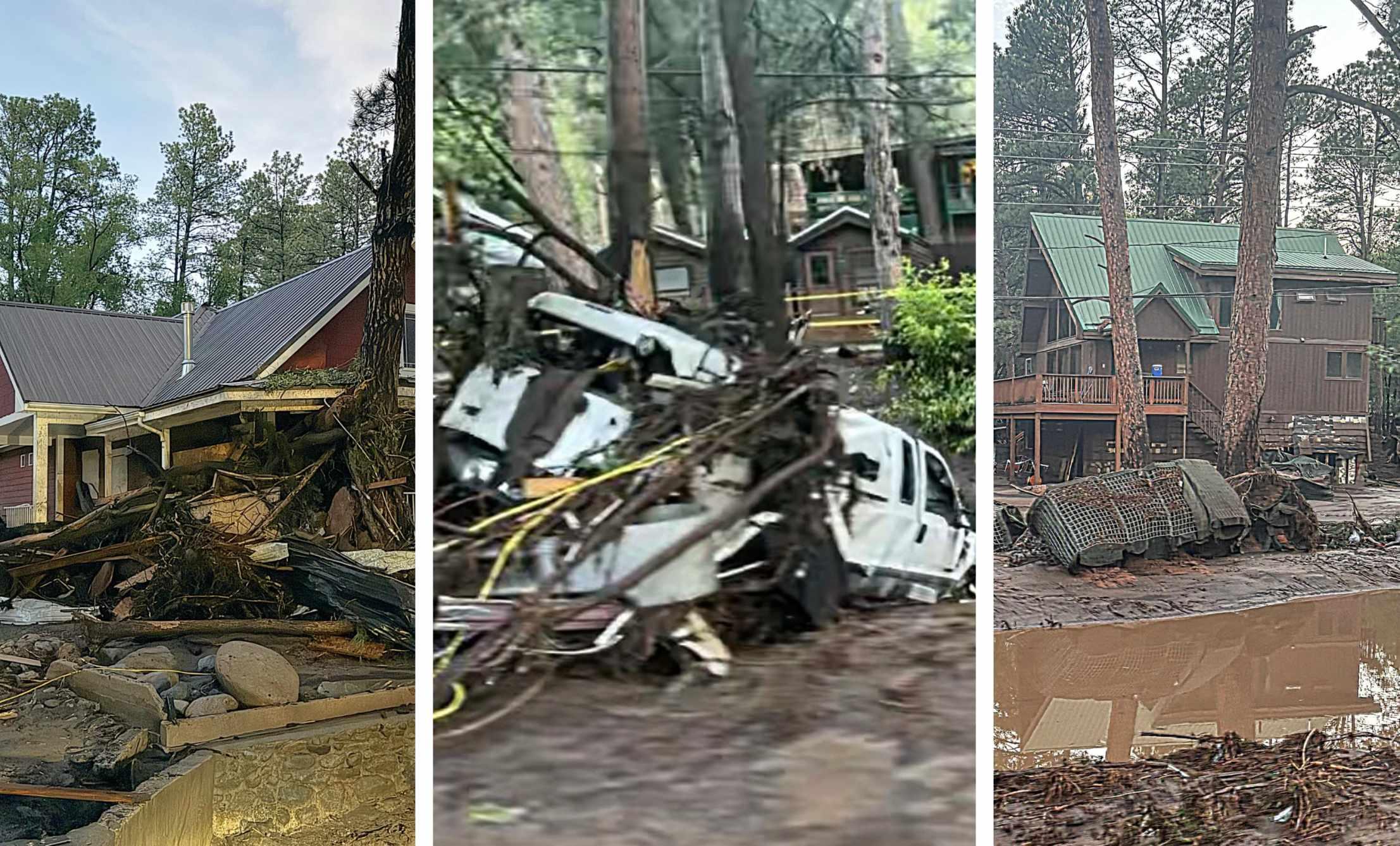 Three photos depict the carnage from flooding in New Mexico.