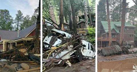 Three photos depict the carnage from flooding in New Mexico.