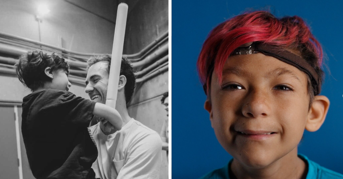 Danny Go holds his young son in a black and white photo, next to a portrait of the teen