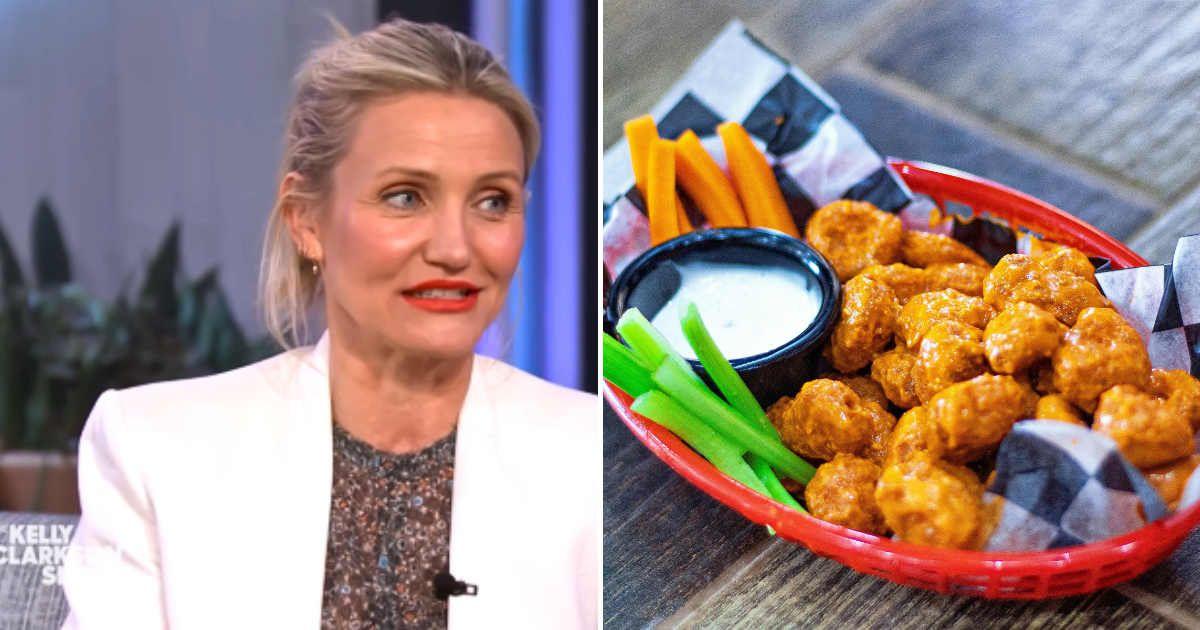 (L) Cameron Diaz on the Kelly Clarkson Show in 2022 (Cover Image Source: YouTube | @kellyclarksonshow) | (R) Buffalo wings with dip sauce. (Representative Cover Image Source: Pexels | Rodrigo Morelos Oseguera)