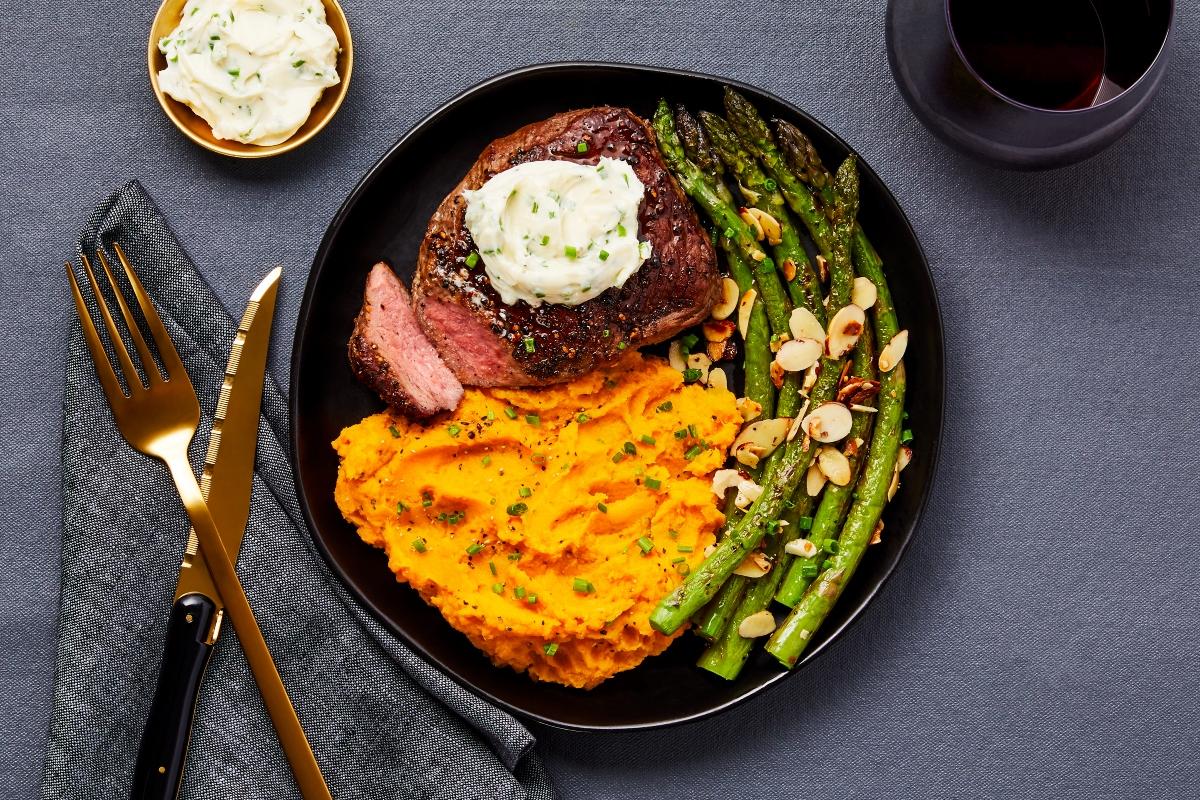 HelloFresh meal kit including beef, sweet potatoes, and asparagus