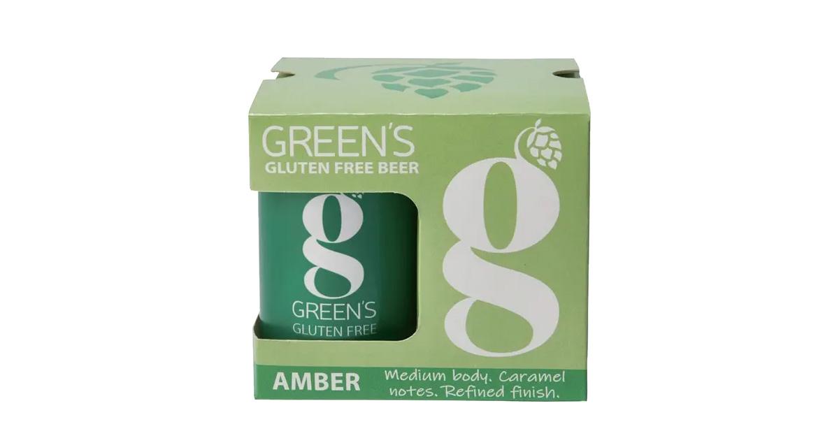 Green's Gluten-Free Amber gluten-free beer in green can and packaging