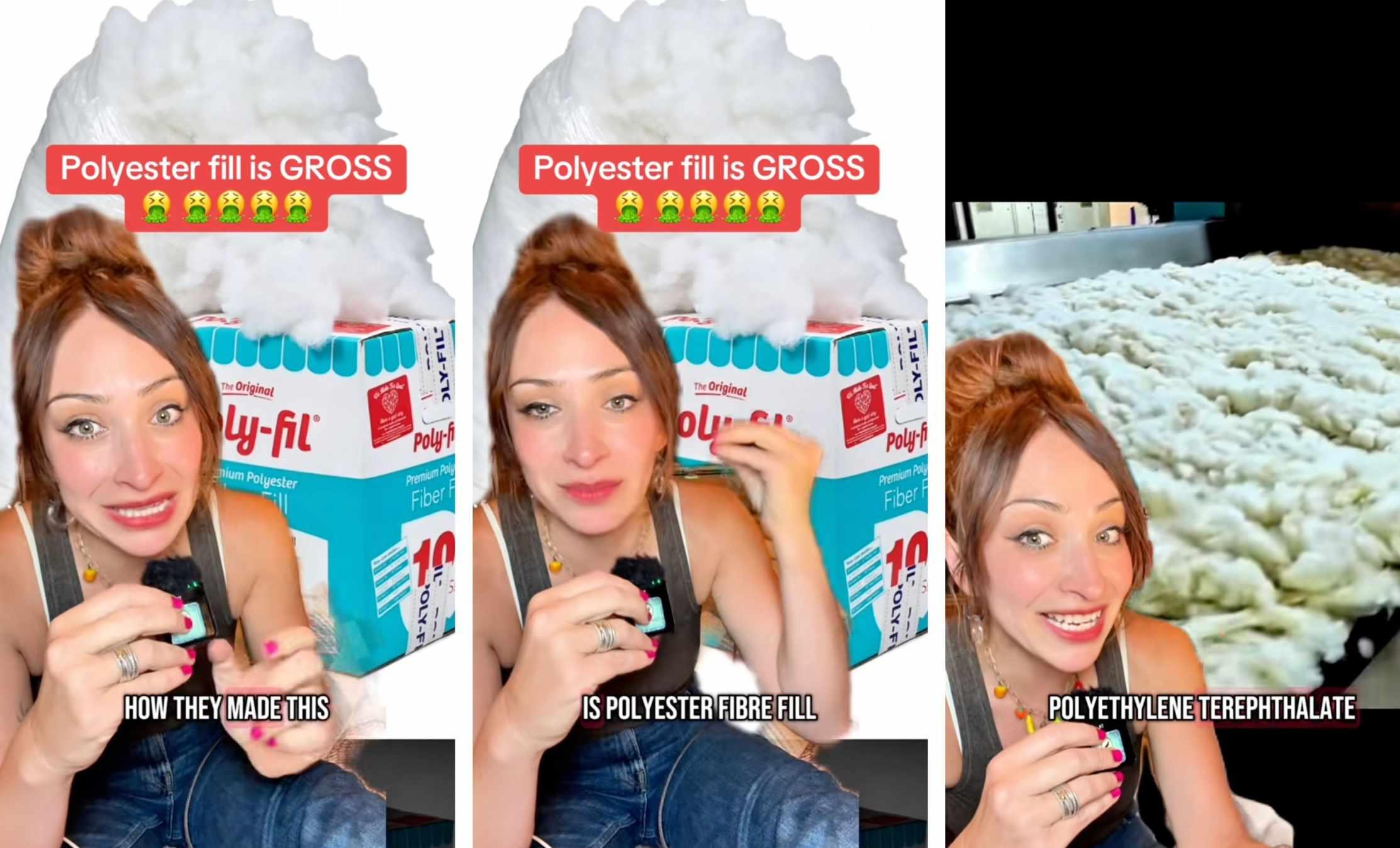 Three screenshots depict a TikTok user discussing polyester fiber fill.