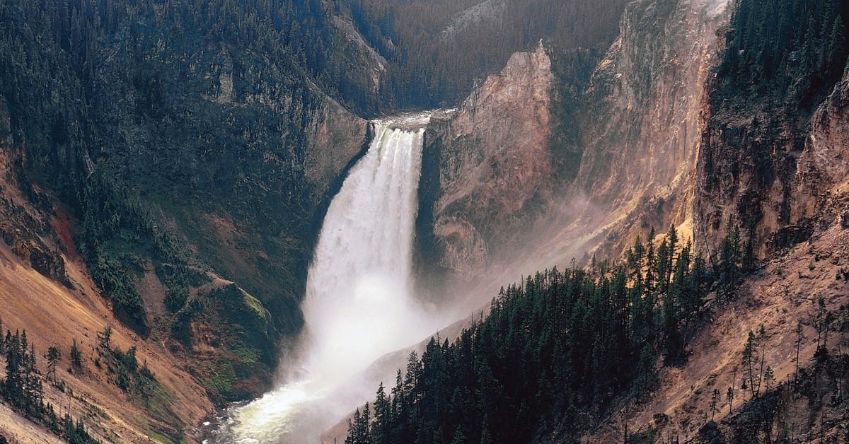 Arial shot of Yellowstone River and Lower Falls in Yellowstone National Park