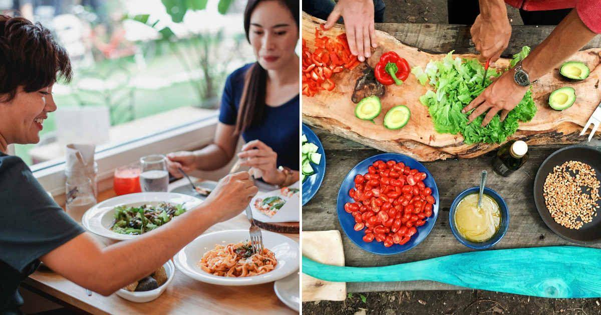(L) Two people eating vegetarian salad, pasta and pizza in restaurant. (R) People cutting vegetables for cooking. (Representative Cover Image Source: Pexels | (L) Sam Lion, (R) Maarten van den Heuvel)