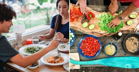 (L) Two people eating vegetarian salad, pasta and pizza in restaurant. (R) People cutting vegetables for cooking. (Representative Cover Image Source: Pexels | (L) Sam Lion, (R) Maarten van den Heuvel)