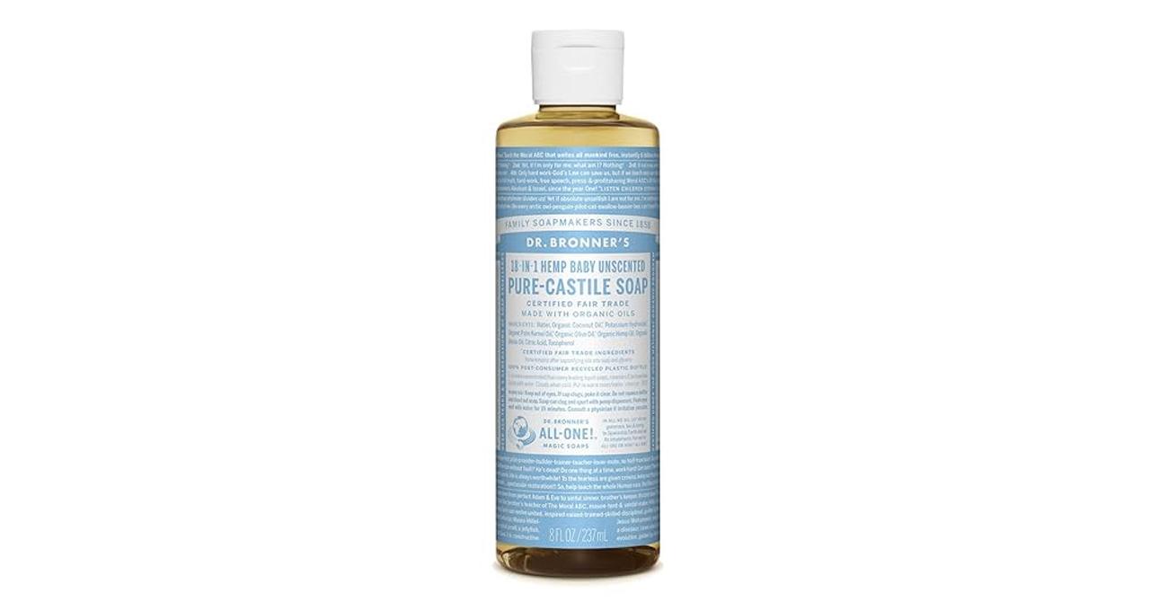 Dr. Bronner's castle soap in bottle with blue wrapper