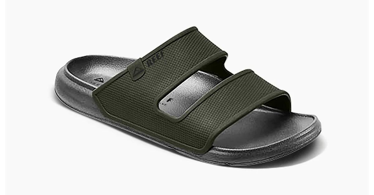 Olive colored beach slides with double strap