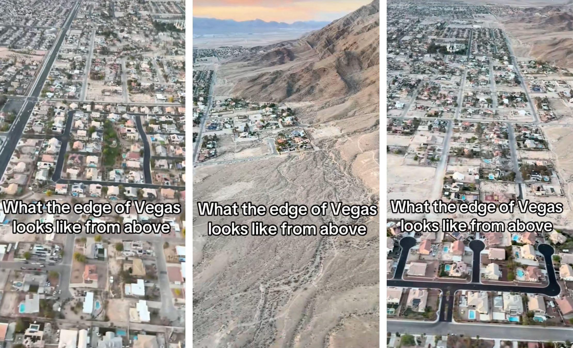 Three screenshots from TikTok user away.with.thefarnhams depict the edge of Las Vegas.
