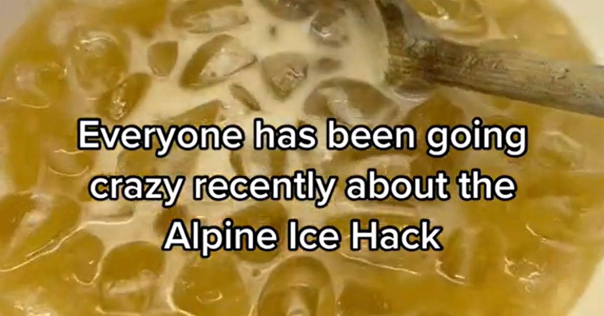 A bowl of yellow-colored water, ice, and a wooden spoon with the text "Everyone has been going crazy recently about the Alpine Ice Hack"