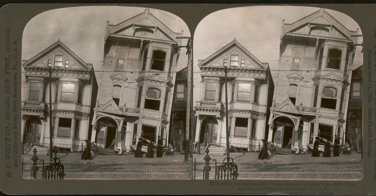 Photos show houses that were knocked off their foundation during a California earthquake in 1906.