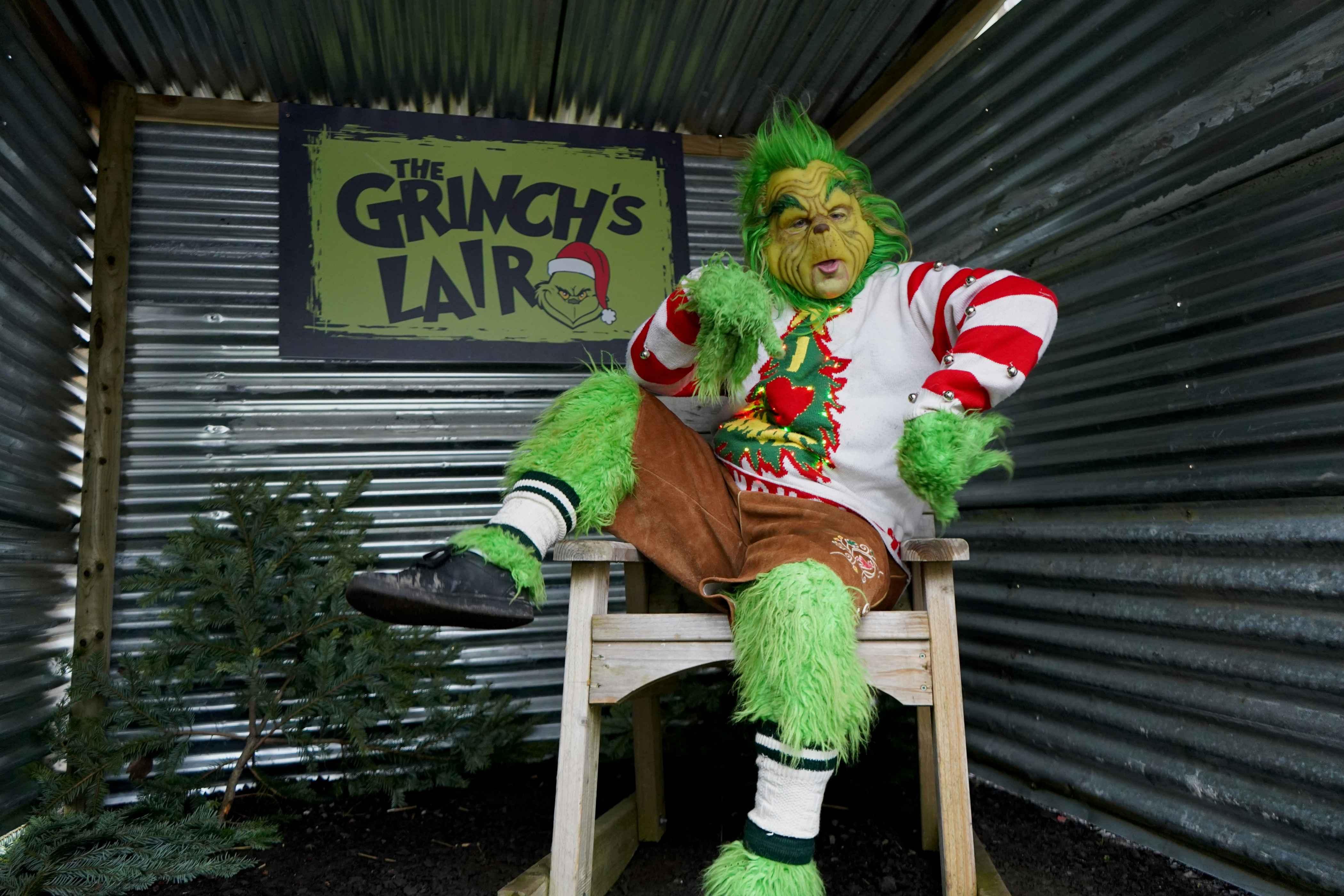 An actor is dressed as The Grinch while sitting in front of a sign that reads, "The Grinch's Lair."