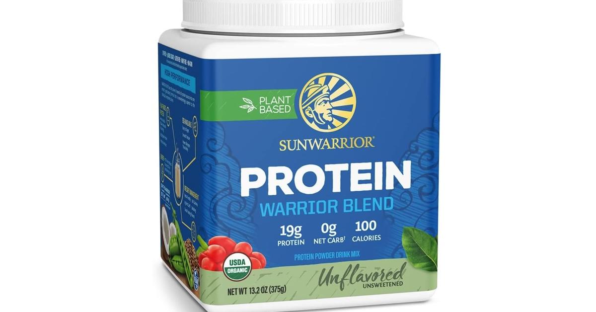 Tub of Sunwarrior's Protein Warrior Blend on white background