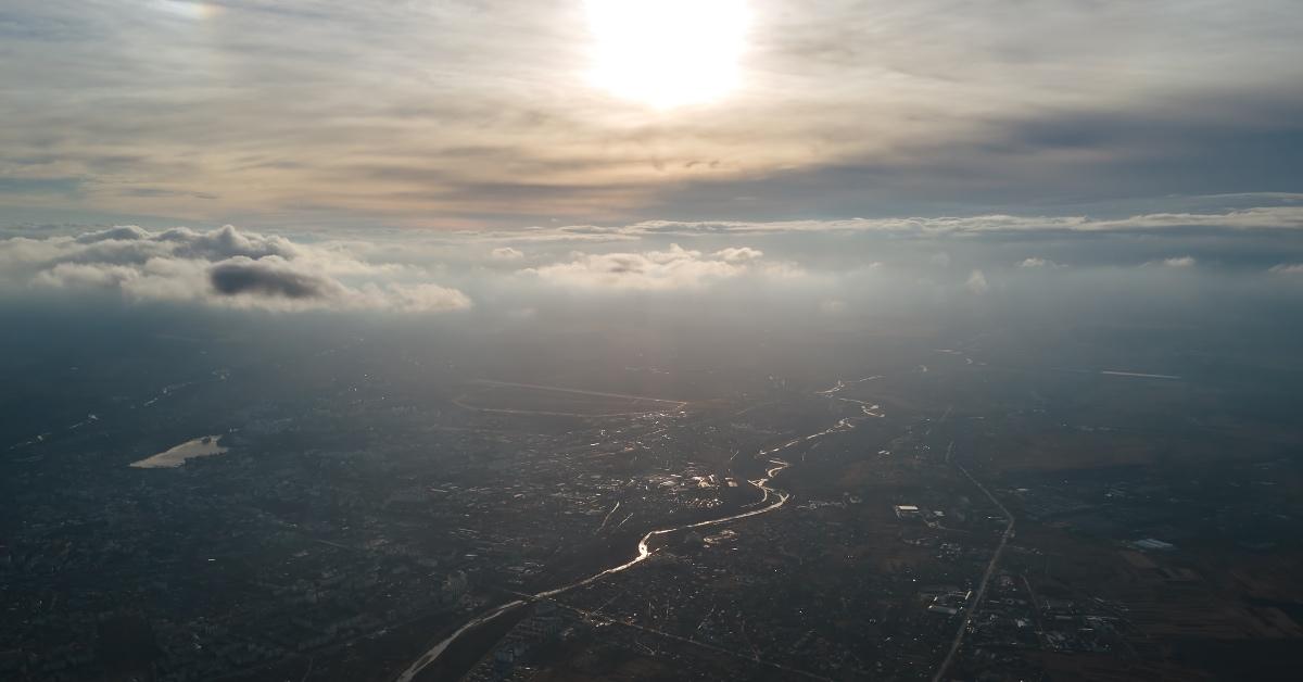 Haze over a town from an aerial view.