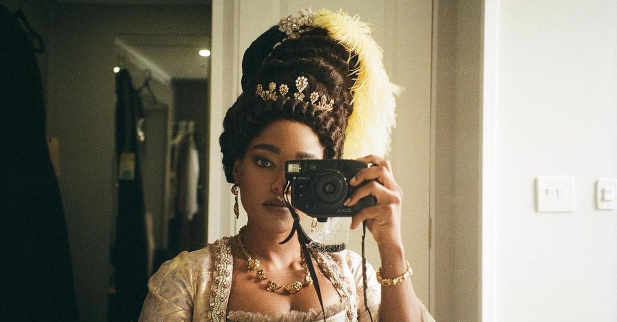 Photo of actor Arsema Thomas dressed as her 'Queen Charlotte: A Bridgerton Story' character, Lady Agatha Danbury